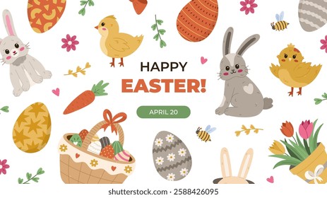 Horizontal multicolored banner for Happy Easter Day with clipart of fuzzy Easter bunny, ornate painted eggs, baby chicken, basket. Lovely holiday poster, website, social media post in pastel colors