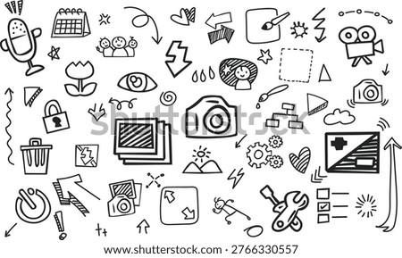 A horizontal multimedia background pattern with hand-drawn doodles of cameras