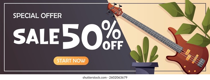 Horizontal music banner with bass guitar and fifty percent off text. Perfect for ads, promos, sales and music store promotions.
