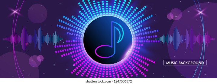 horizontal music banner. Bright purple futuristic round equalizer. musical note, vector illustration.