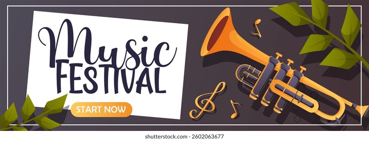 Horizontal music banner featuring a trumpet and musical notes. Ideal for ads, posters, websites and promotions for music events and festivals.
