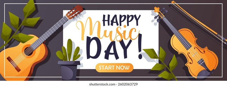 Horizontal music banner with guitar and violin to celebrate music day. Suitable for ads, posters, greetings and online promotion.
