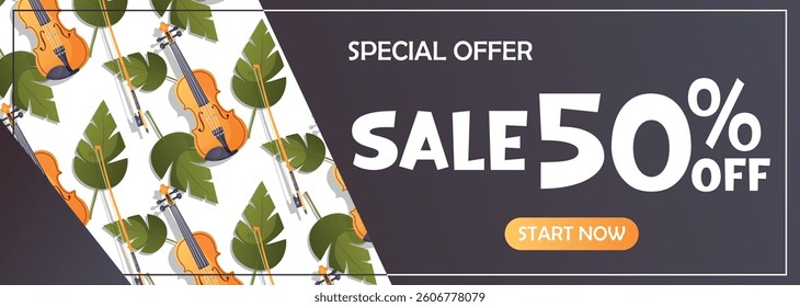 Horizontal music banner with violin pattern and green leaves, promoting a discount offer. Perfect for seasonal music sales.
