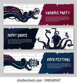 Horizontal music banners set with octopus.