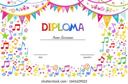 Horizontal Musical Diploma. Bright Frame with colorful star, notes and  colorful flags. Diploma template for kindergarten students. Kids Diploma or certificate template with cartoon style background. 