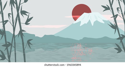 Horizontal natural banner with bamboo branches and leaves on the background of the lake, the top of Mount Fuji, the rising sun. Contemporary abstract minimalistic art landscape. Simple Japanese style.