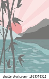 Horizontal natural banner with bamboo branches and leaves on the background of a lake, mountain top, and the rising sun. Contemporary abstract minimalistic art landscape. Simple Japanese style. Vector