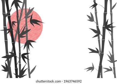 Horizontal natural banner with bamboo branches and leaves on a white background. The rising sun. Modern abstract minimalistic artistic, simple Japanese style. Vector illustration.