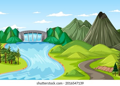 Horizontal nature landscape at daytime scene with dam and mountain illustration