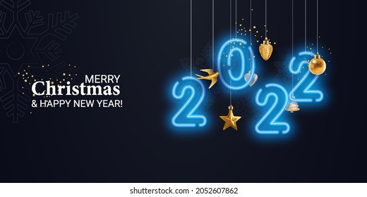 Horizontal neon Christmas New Year banner 2022. Realistic Christmas tree toys hanging down. Golden ball, bird, cone, star Christmas poster, holiday banner, Flyer, Stylish brochure, greeting card