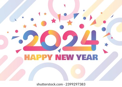 Horizontal Neon Happy 2024 New Year A4 Holiday poster in neon glow colors with 2024 inscription. Template for printing, announcement poster for inviting guests to celebration. Vector on White back