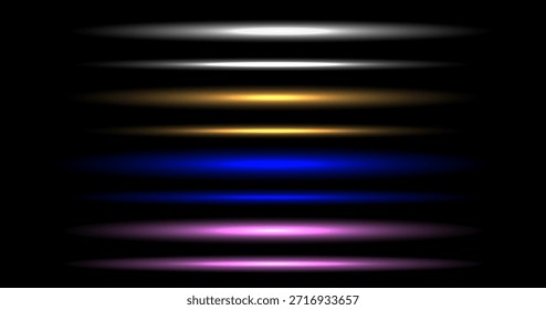Líneas láser de neón Horizontal con rayas de velocidad brillantes y destellos lineales brillantes. Rayos de luz futuristas y efectos de movimiento de partículas. Líneas de luz láser.