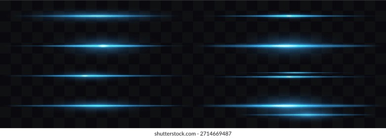 Horizontales Neonlicht. Blaue Lichtlinien. Satz von blauen Blitzen. Lichtneonlinien, Explosion von Licht. Auf schwarzem Hintergrund. Neoneffekt von Laserstrahlen und Linien. Der Glanz horizontaler Laserstrahlen.