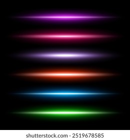 Luzes de néon horizontais, conjunto de linhas a laser, ilustração vetorial.