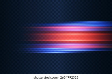 Horizontal neon lines of light in red and blue on a transparent background with motion blur effect.