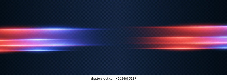 Horizontales líneas de luz de neón en rojo y azul sobre un fondo transparente con efecto de desenfoque de movimiento.