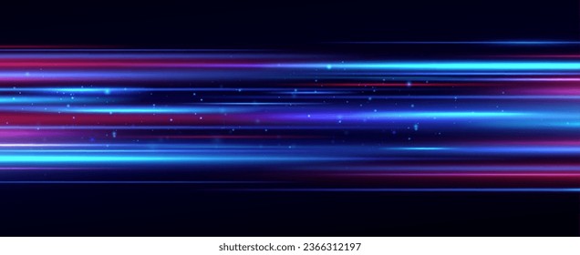 Horizontal neon lines. Speed ​​lines. Motion light effect. Vector.High speed blur effect