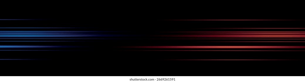 Horizontales líneas de neón. ​ de velocidad​líneas. Efecto de luz de movimiento. Vector. Efecto de desenfoque de alta velocidad
