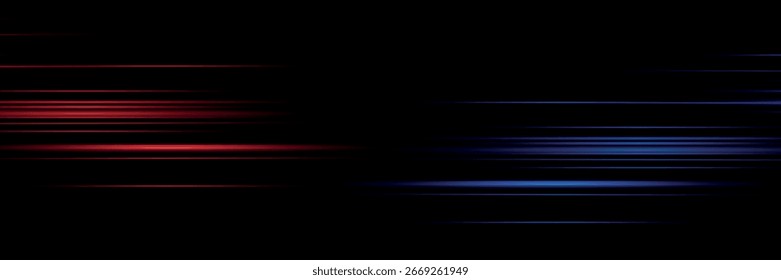 Horizontales líneas de neón. ​ de velocidad​líneas. Efecto de luz de movimiento. Vector. Efecto de desenfoque de alta velocidad
