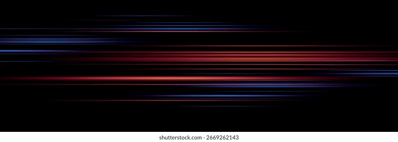 Horizontal neon lines. Speed ​​lines. Motion light effect. Vector.High speed blur effect
