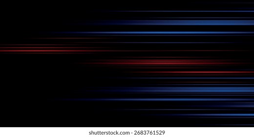 Horizontales líneas de neón. ​ de velocidad​líneas. Efecto de luz de movimiento. Vector. Efecto de desenfoque de alta velocidad