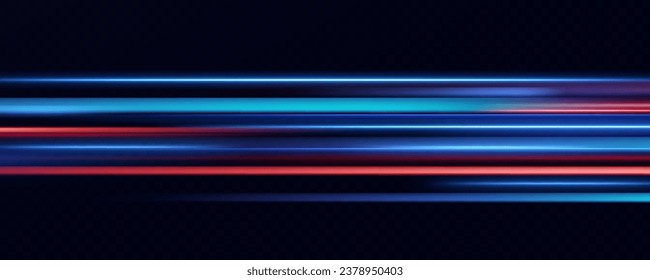 Horizontal neon lines.Blue speed lines.Motion light effect.Vector. red	