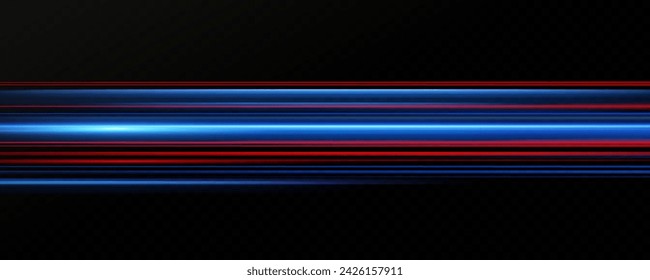  Líneas horizontales de neón.Líneas de velocidad azules.Efecto de luz de movimiento.Vector. rojo.Ilustración vectorial de un color azul. Efecto de luz. Rayos de luz abstractos. Caóticos rayos de luz de neón 