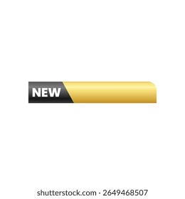 A horizontal "NEW" banner, black on the left, gold on the right, with a slight gradient, floats centrally against a white background, clean and modern.