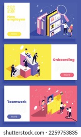 Horizontal new employee orientation business onboarding web banners set isolated on color background 3d isometric vector illustration
