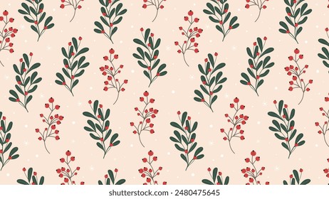Horizontal fondo de año Nuevo para el Web con patrón sin fisuras con ramas, con bayas rojas, bayas de roble. Vector