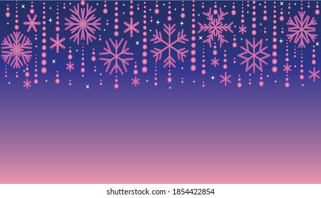 Año Nuevo horizontal, fondo de Navidad. 2021. Tradicional, con copos de nieve multicolores sobre un fondo de gradiente azul-rosa oscuro. Hay espacio para el texto. Elemento de diseño. Ilustración vectorial.