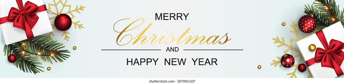 Horizontal New Year or Christmas banner in light colors. Congratulation. Gift boxes with a red bow, fir branches, and Christmas balls, a golden snowflake and a garland, Christmas lanterns