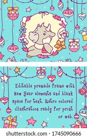 Horizontal New year frame with copy space and cute silver bull. Hand drawing double-sided Christmas greeting card. Vector cartoon illustration ready for print or web.