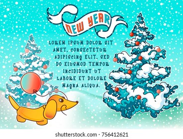 Horizontal New year greeting postcard with yellow dog, vintage winter landscape, christmas tree - holidays vector illustration, banner, card