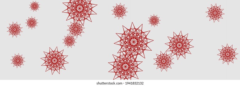 Fondo horizontal del cielo brillante gris plateado de Año Nuevo. Foto de diseño de Mandala de Navidad Blanca. Composición de plata de impresión roja de estrellas. Ornamento ornamental de nieve caótica en invierno.