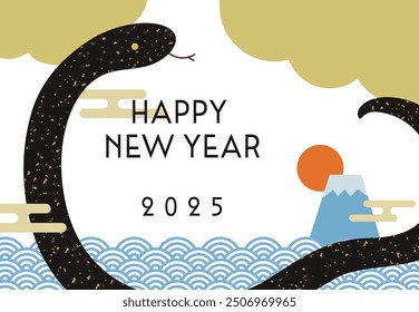 Horizontal New Year's card with snakes, blue sea waves and Mt. Fuji in the year of the snake 2025, black snakes