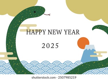 Horizontal New Year's card with snakes, blue sea waves and Mt. Fuji in the year of the snake 2025, green snakes