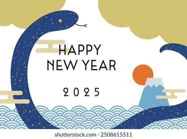 Horizontal New Year's card with snakes, blue sea waves and Mt. Fuji in the year of the snake 2025, blue snakes