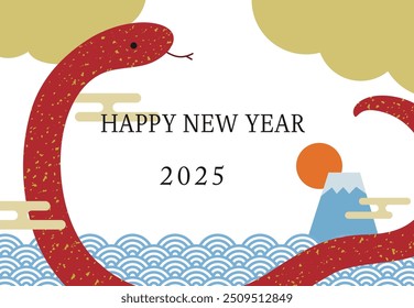 Horizontal New Year's card with snakes, blue sea waves and Mt. Fuji in the year of the snake 2025, red snakes