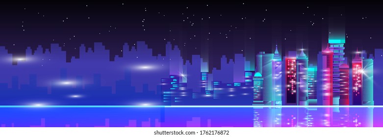 Horizontal night cityscape with skyscrapers, high buildings, skyline, downtown silhouette. Neon city with lights, flyers, illuminated towers. Cyberpunk abstract background in blue and violet colors.