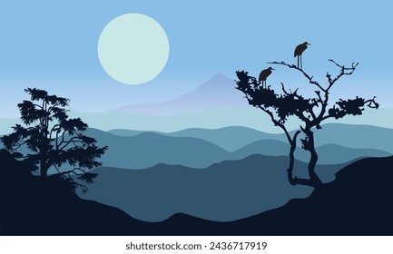 Horizontal Night Forest Landscape and Mountains Silhouettes in the night.Vector