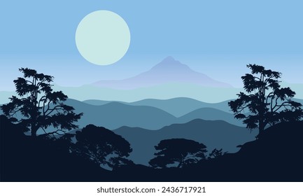 Horizontal Night Forest Landscape and Mountains Silhouettes in the night.Vector