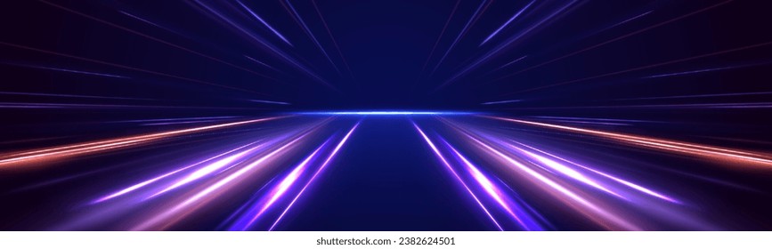 Horizontal night road in the form of a panorama with neon lights. Car motion trails. Speed line motion vector background.	