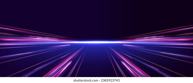 Ruta nocturna horizontal en forma de panorama con luces de neón. Senderos para el movimiento del auto. Fondo vectorial de movimiento de línea de velocidad.	