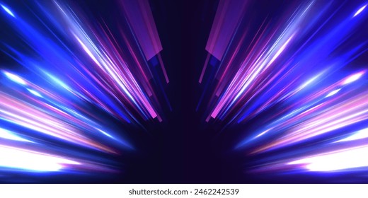 Horizontal night road in the form of a panorama with neon lights. Car motion trails. Speed line motion vector background.	