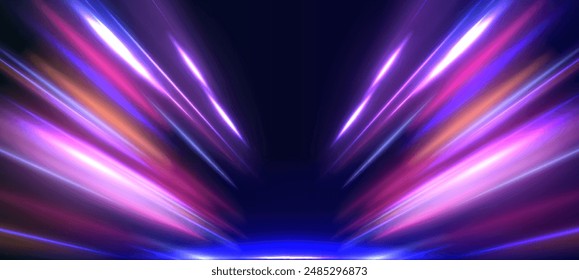 Horizontal night road in the form of a panorama with neon lights. Car motion trails. Speed line motion vector background.	