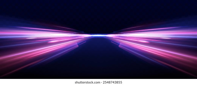 Horizontal night road in the form of a panorama with neon lights. Car motion trails. Speed line motion vector background.	