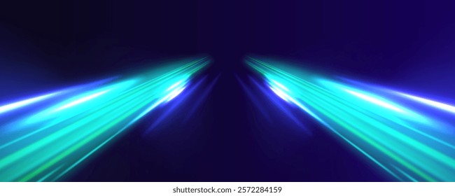 Horizontal night road in the form of a panorama with neon lights. Sport car is made of polygons, lines and connected dots. Car motion trails. Speed line motion vector background.	