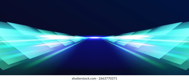 Horizontal camino nocturno en forma de un panorama con luces de neón verdes. Fondo de movimiento de senderos de luz de la ciudad.	
