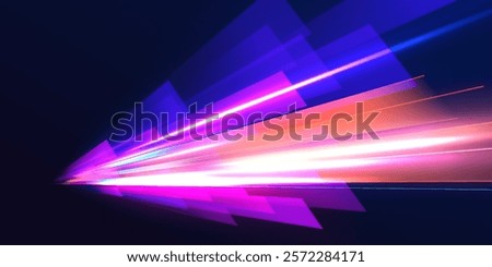 Horizontal night road in the form of a panorama with neon lights. Neon stripes in the form of drill, turns and swirl. Car motion trails. Speed line motion vector background.	